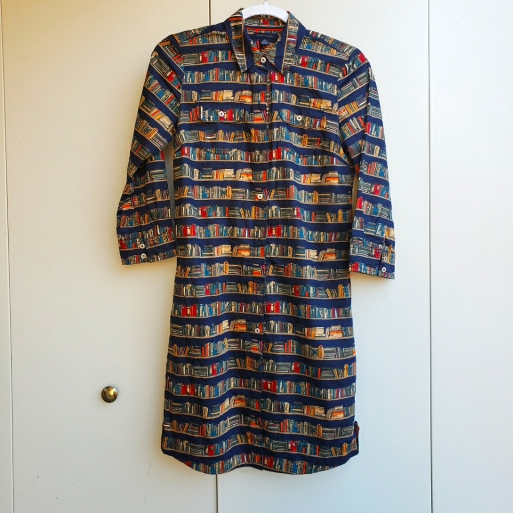 Tommy Hilfiger XS Navy Shirtdress in bookshelf print